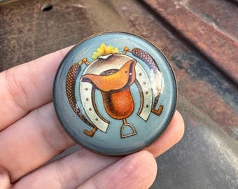 Antique Horse Bridle Rosette, Lithograph of Saddle Under Glass, Equestrian Gift