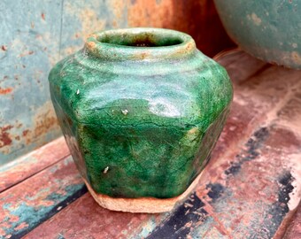 Small Vintage Chinese Shiwan Pottery (Chip at Base) Green Glazed Ginger Jar Celadon Earthenware