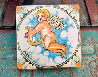 Heavy Italian Fratantoni Hand-Painted Terracotta Tile Cherub Angel (Converted to Wall Hanging)