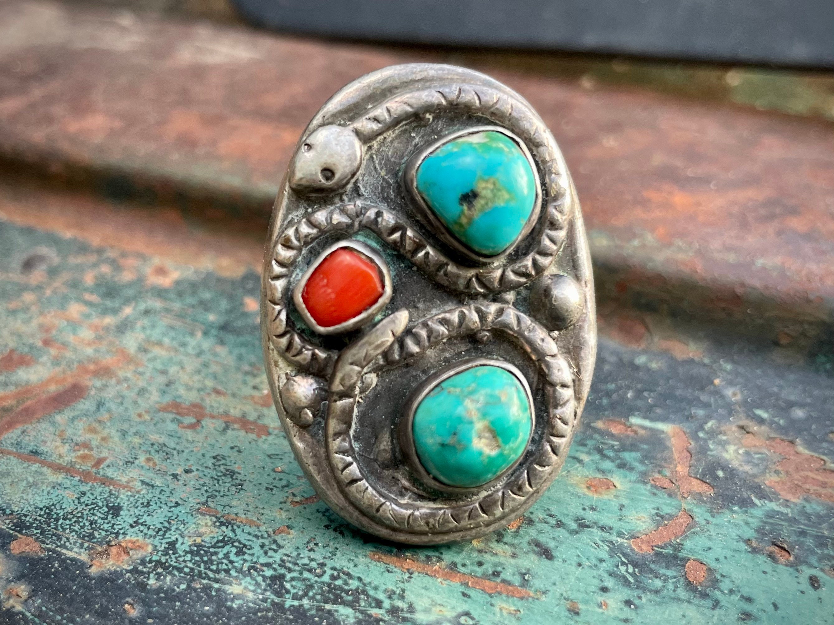 1950s Natural Turquoise and Coral Ring with Winding Snake, Vintage ...