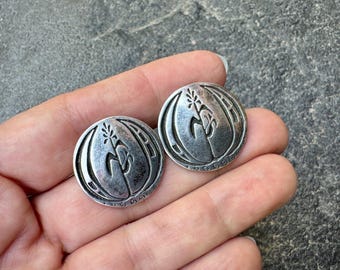 Vintage Sterling Silver Overlay Disc Earrings Approx 1" Dia, Cornstalk Design, Hopi or Navajo