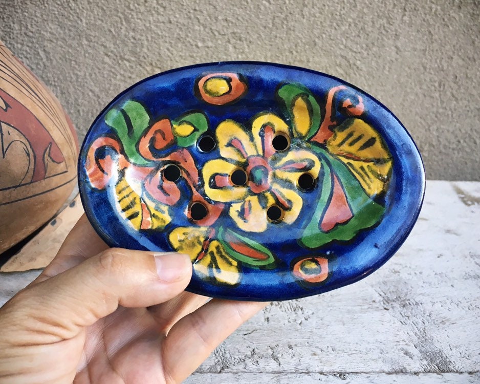 HandPainted Talavera Pottery Soap Dish Dark Blue Yellow Floral Pattern, Rustic Southwestern