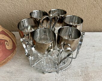 Vintage Vitreon Queens Lusterware Small Goblets in Chrome Heart Caddy, Glasses Set of Six, MCM