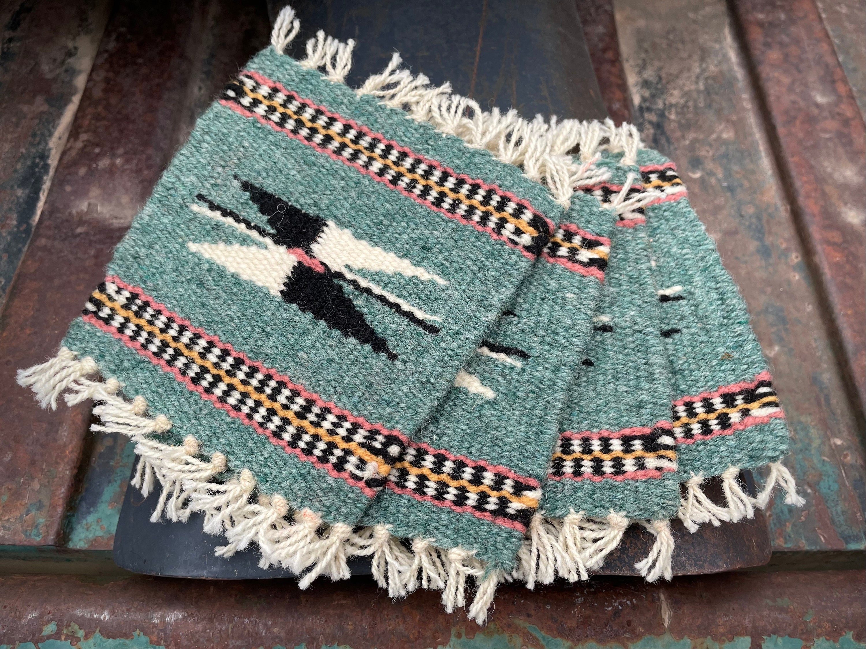 Set of Four Miniature Woven Rug Coasters from Mexico, Southwestern