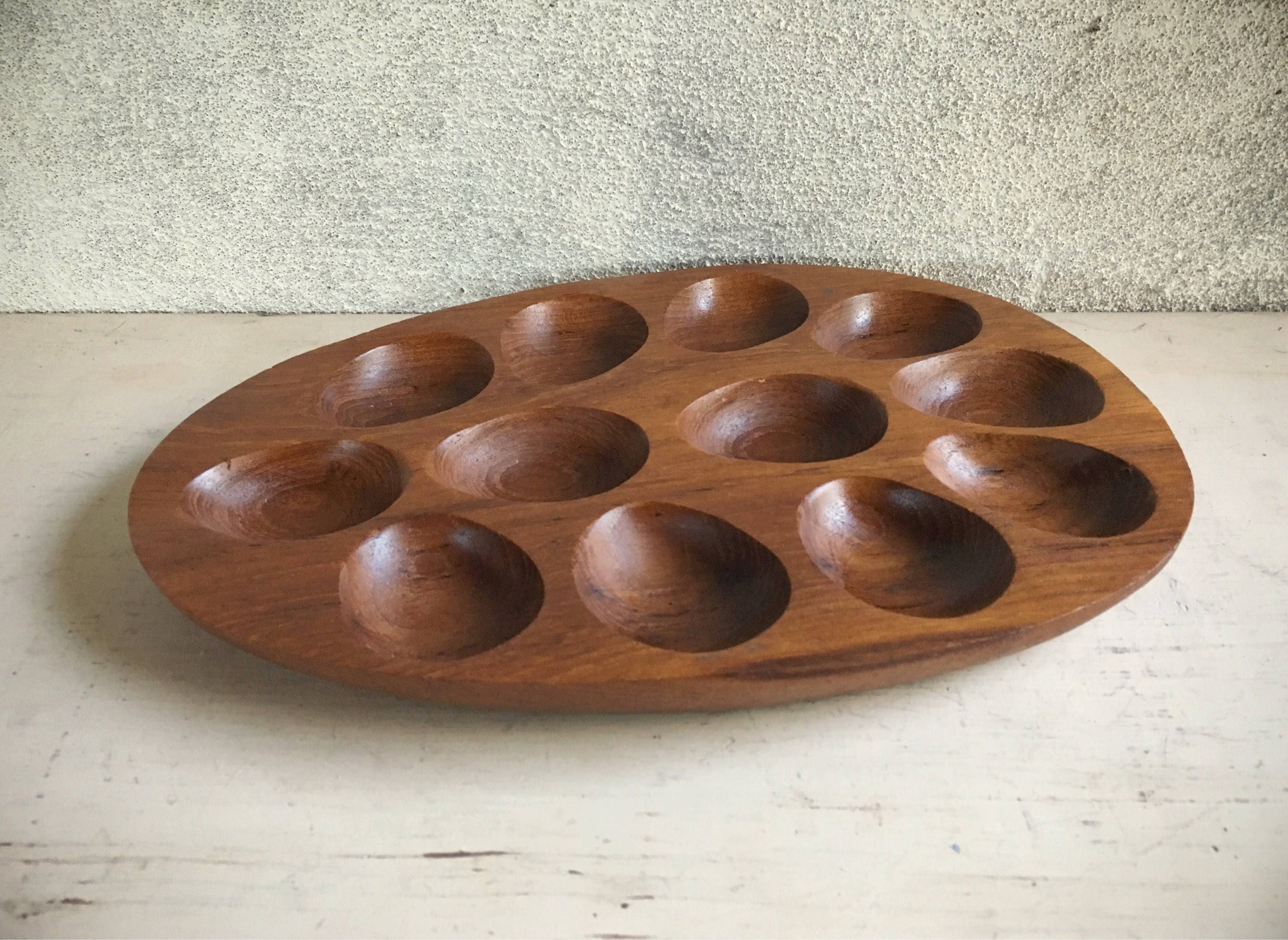 Knobler teak deviled egg platter holiday serving tray Midcentury Modern