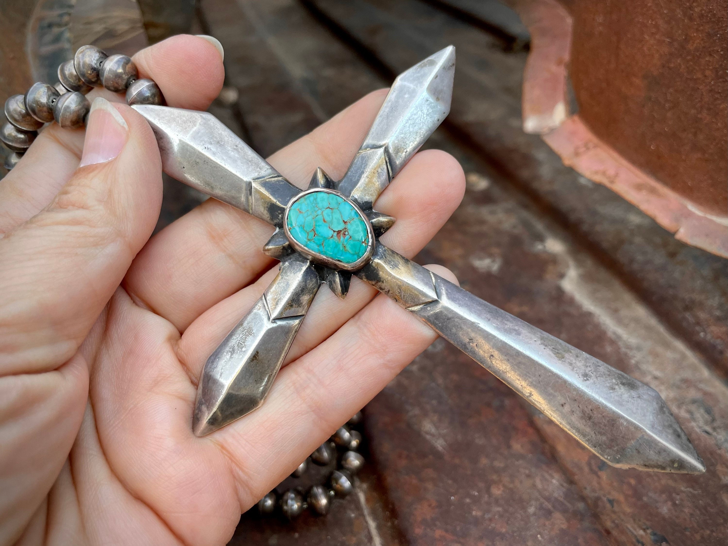 Huge Vintage Navajo Turquoise Cross Native American Jewelry Silver Necklace Old Huge Vintage Navajo Turquoise Cross Native American Jewelry Silver Necklace Old