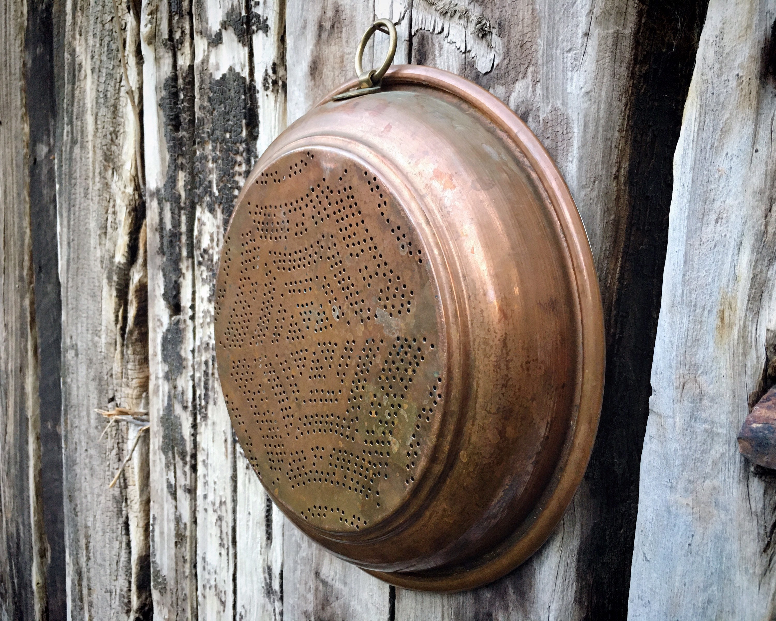 Heavy Vintage Copper Sieve Colander Wall Hanging, Rustic Kitchen Decor
