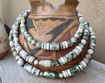 Three-Strand Pink Green Jasper Beaded Necklace Approx 18-20”, Heavy 244g