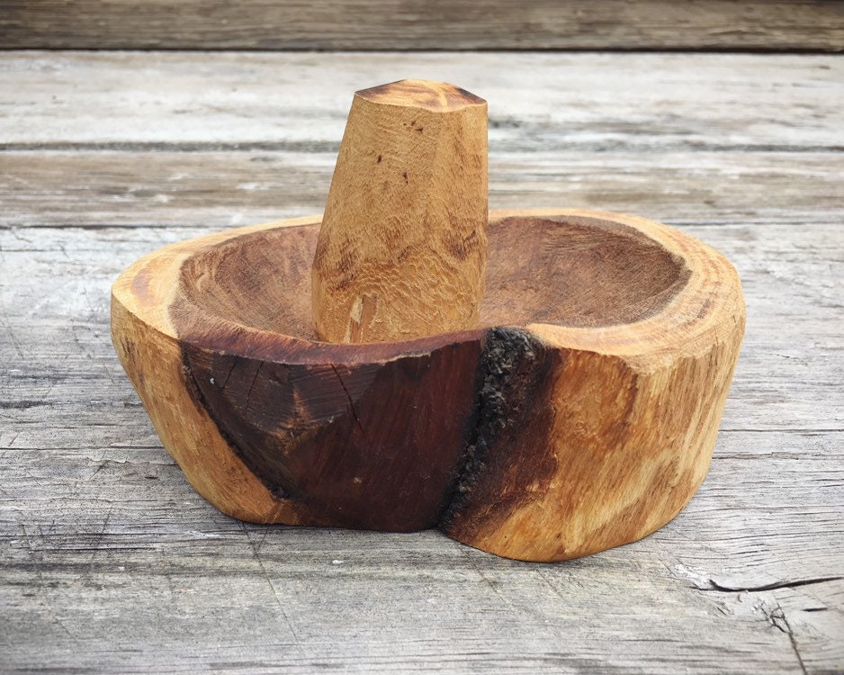Vintage Burl Wood Grinding Bowl or Metate y Mano Mexican Mortar and Pestle, Molcajete