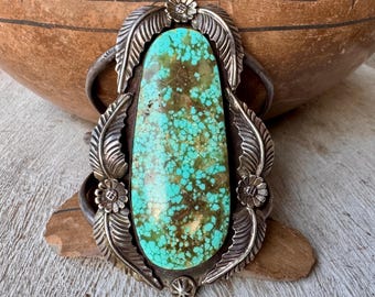 Large Spiderweb Turquoise Cuff Bracelet Approx Size 6.25, Silver Leaf Design, Old Pawn