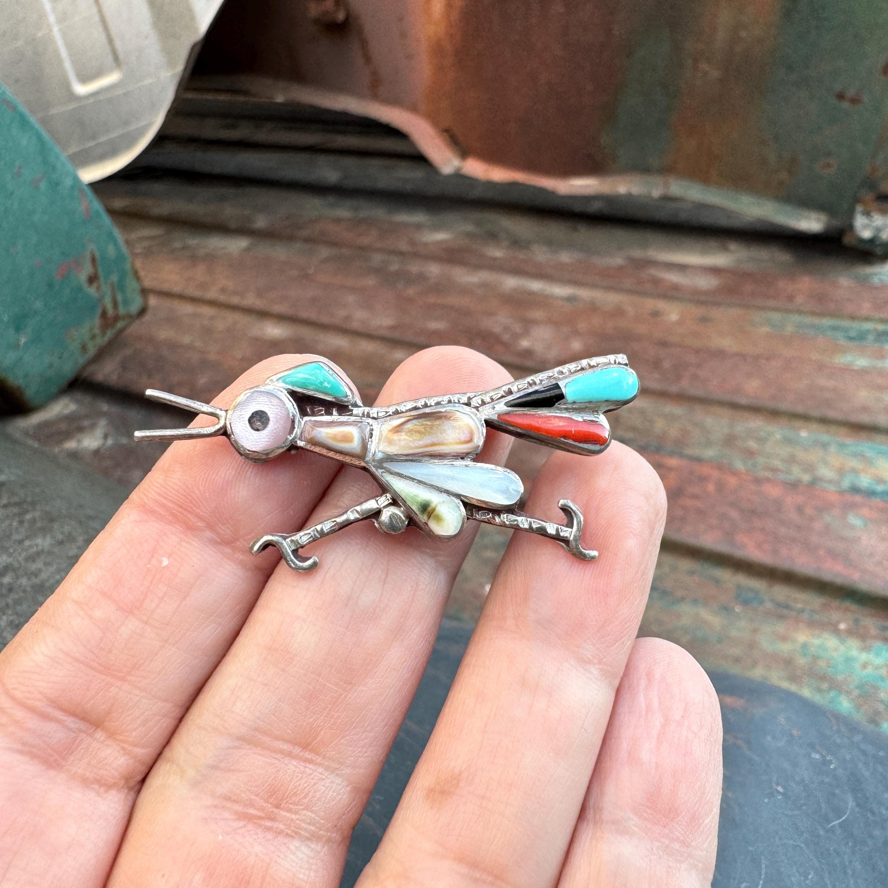 Whimsical Vintage Native American Zuni Turquoise Sterling Silver Roadrunner Pin Whimsical Vintage Native American Zuni Turquoise Sterling Silver Roadrunner Pin