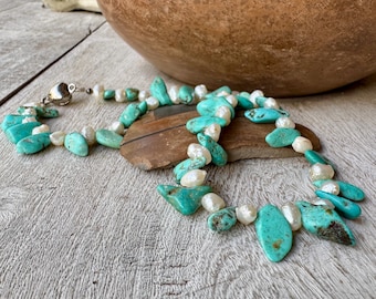 Vintage Turquoise and Fresh Water Pearl Necklace Approx 16”, Magnetic Closure, Southwestern Jewelry