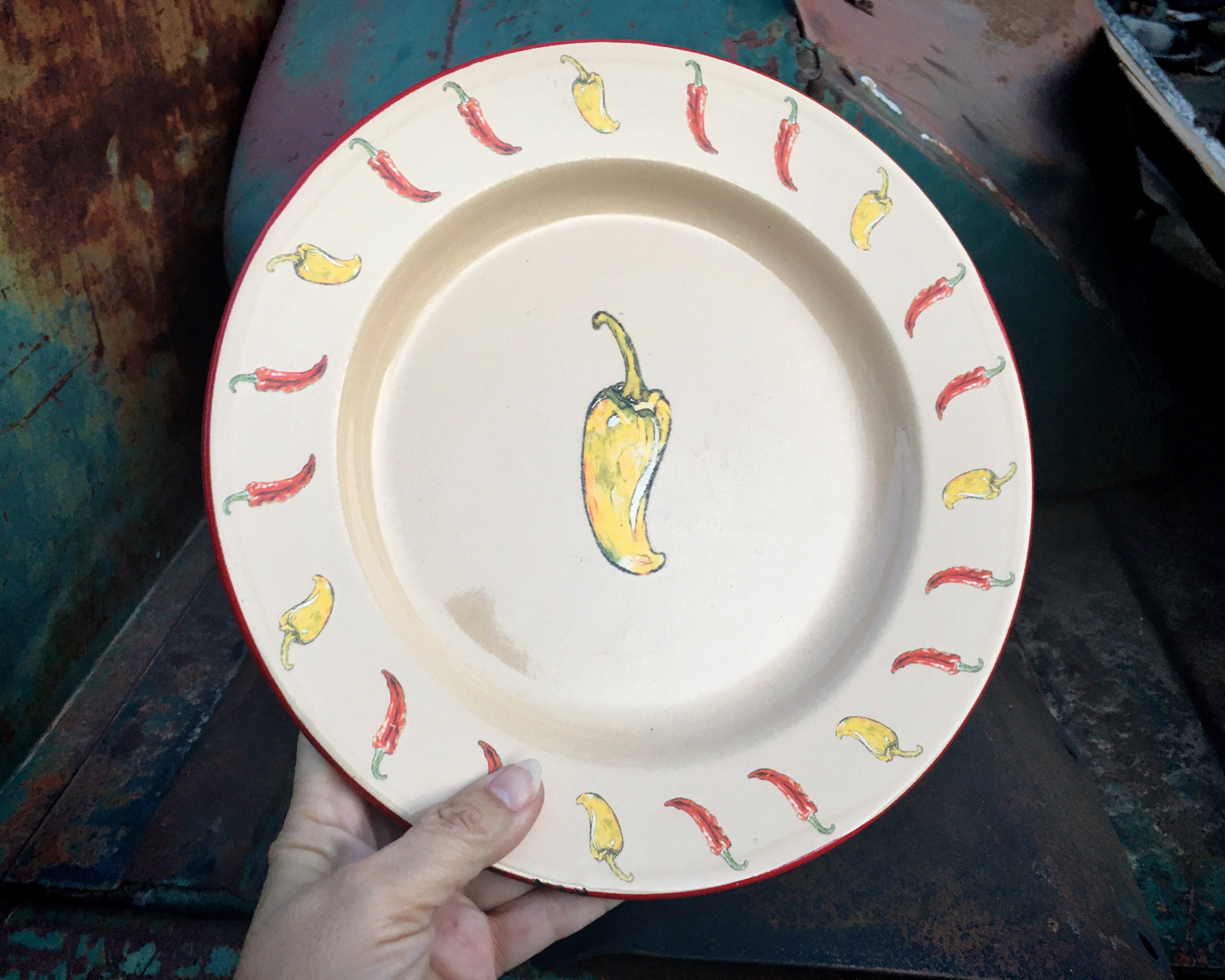 Set of 8 Vintage Marble Canyon Enamel Salad Plates 8 Yellow Chile Peppers,  Southwest Ranch Decor