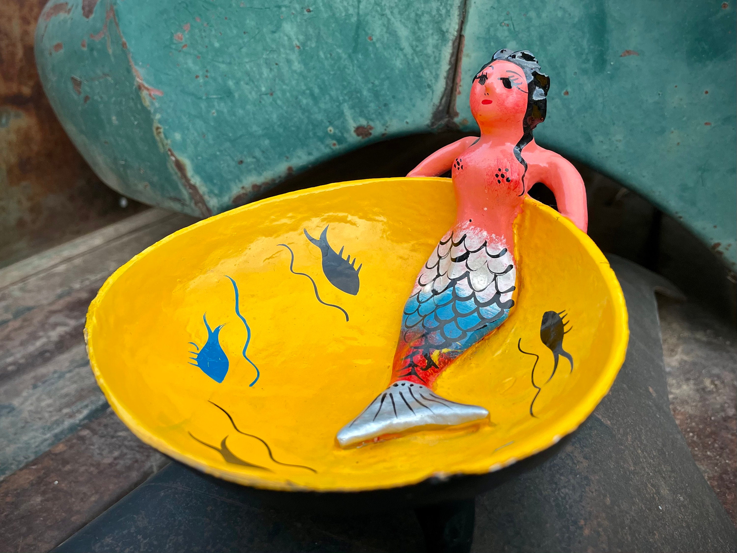 Vintage Mexican Folk Art Mermaid Coconut Shell Trinket Dish, Mexican