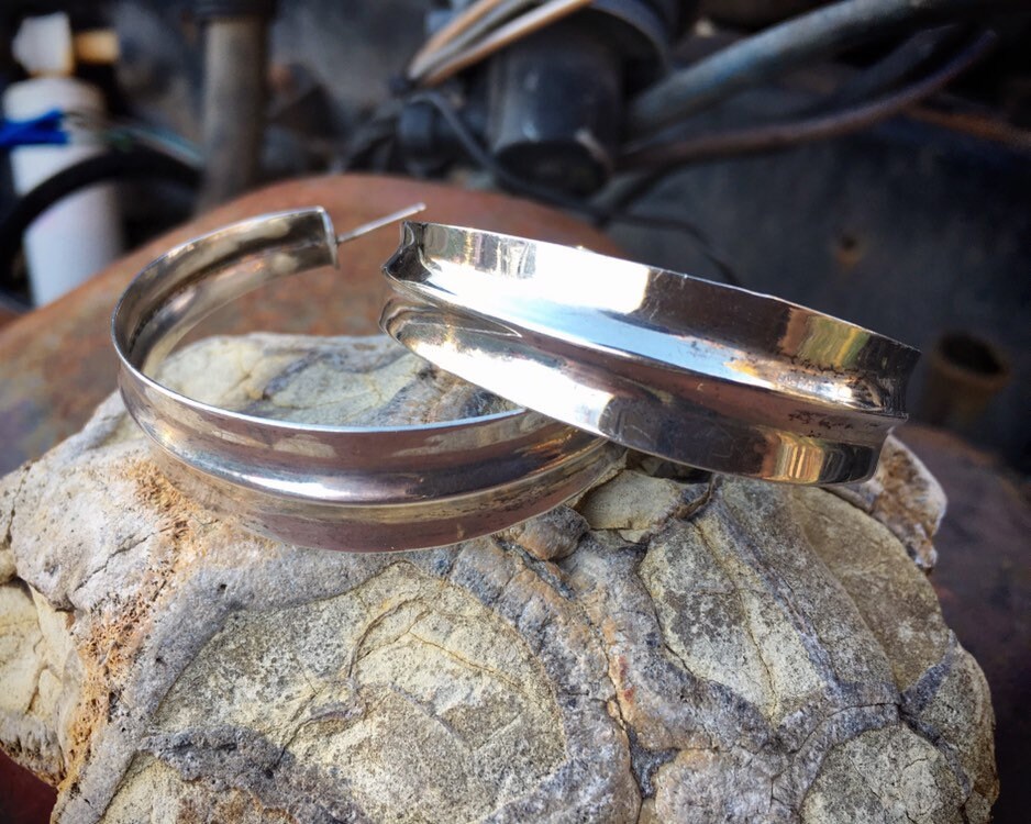 Very Large Signed Navajo Sterling Silver Hoop Earrings For Women