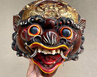 Vintage Hand Carved Painted Balinese Wood Mask of Barong Topeng (Cracked), Indonesia Folk Art