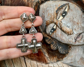 Sterling Silver Cross Earrings by Dakota T. Willie, Navajo Native American Indian Jewelry