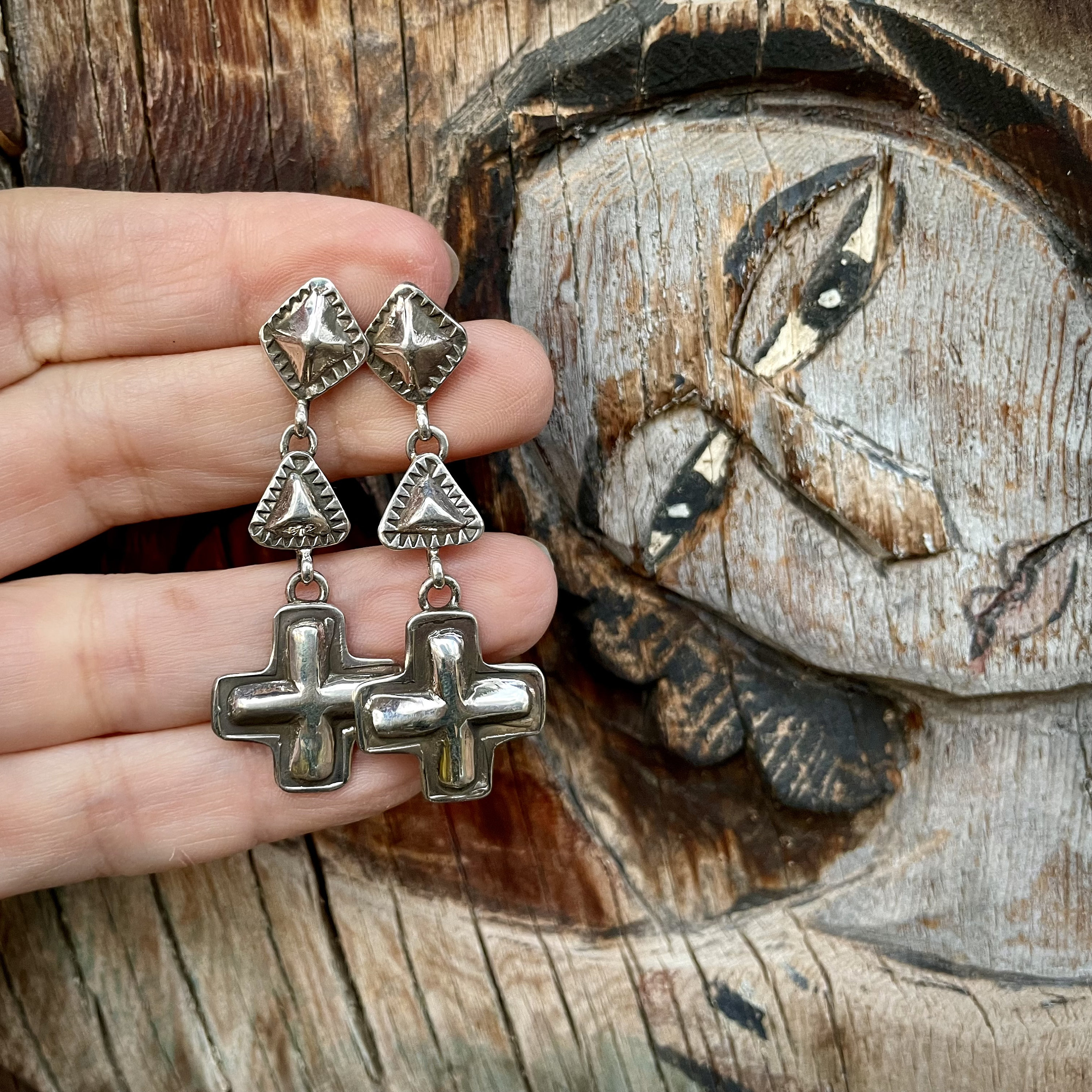 Detailed Native American Navajo Sterling Silver Cross Earrings Detailed Native American Navajo Sterling Silver Cross Earrings