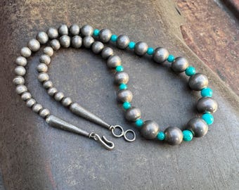 Vintage Sterling Silver Navajo Pearls w/ Turquoise Bead Spacers, Approx 16” 20g