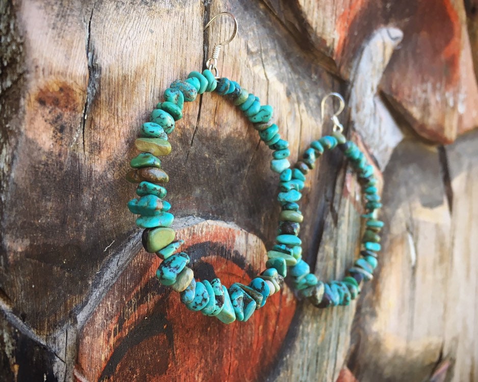 Large Turquoise Nugget Hoop Earrings for Women Native American Indian ...