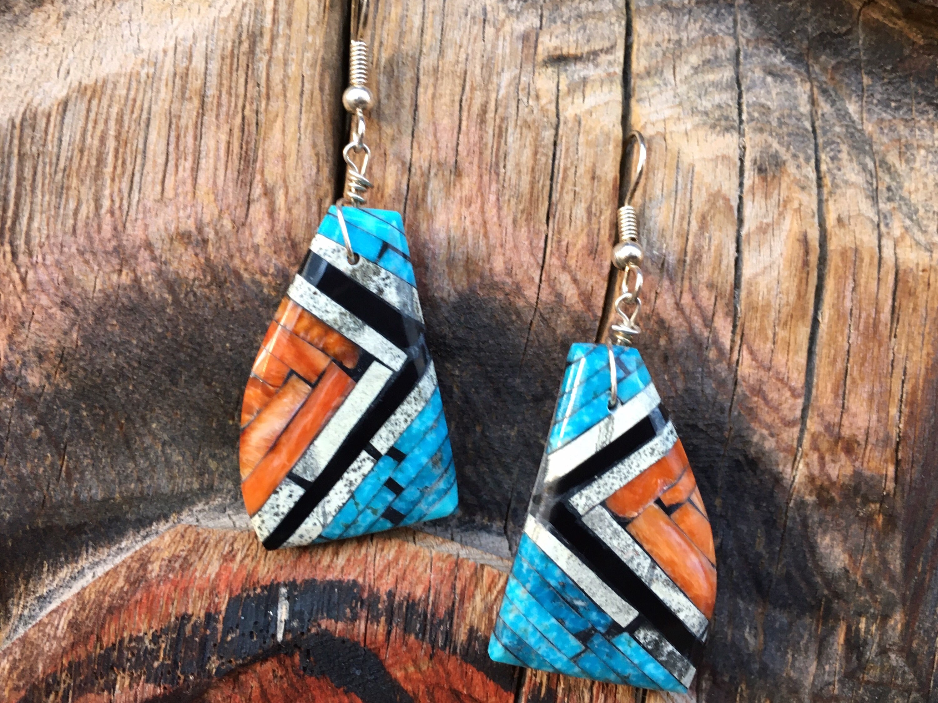 Turquoise Spiny Oyster Onyx Shell Slab Inlay Earrings Santo Domingo