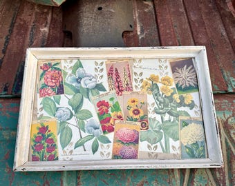 Vintage Wall Hanging Seed Packages Floral Paper in Shabby Frame, Cottage Decor