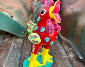 Vintage 11" Mexican Pottery Rooster Folk Art Sculpture by Gerardo Ortega, Farm Animal Lover Gift