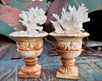 Pair of HEAVY Rusty Old Iron Pedestal Compotes w/ Faux White Coral, Farmhouse Table Decor