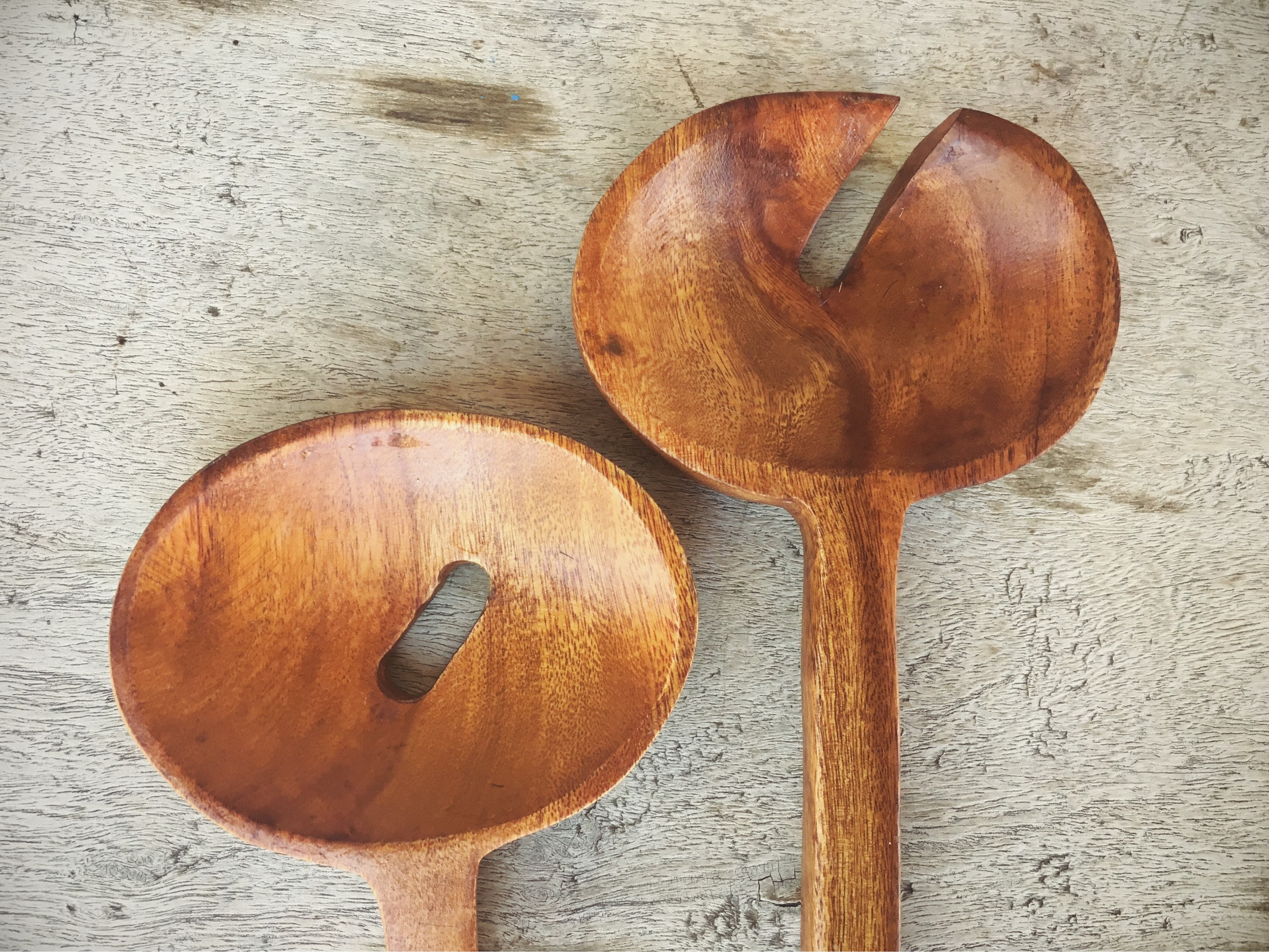 Salad Serving Utensils Wooden Fork and Spoon, Mid Century Salad Servers