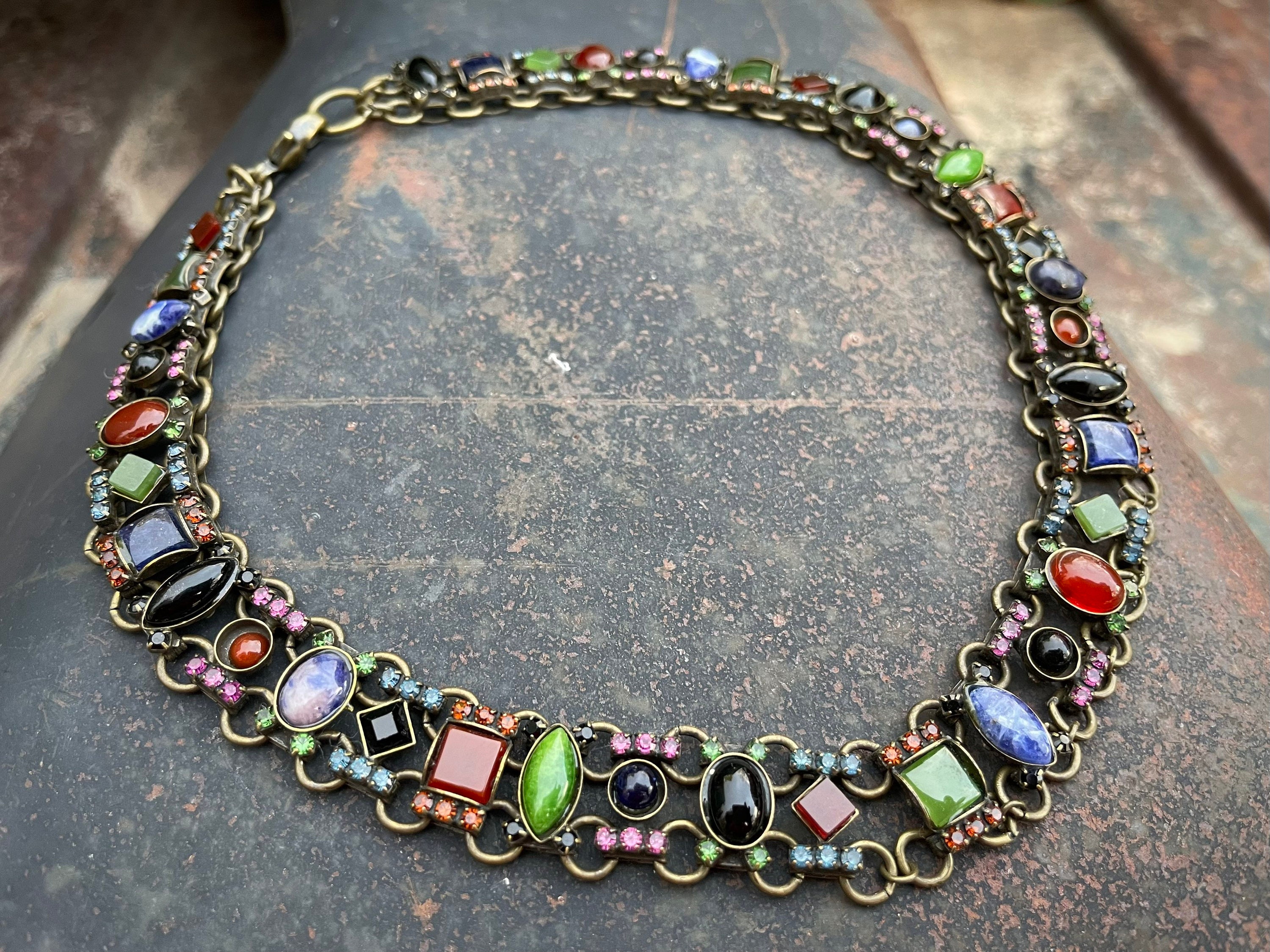 1990s Multicolor Rhinestone Designer Choker Necklace, Bronzed Metal ...