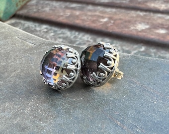 Sterling Silver Faceted Crystal Post Earrings, Modernist Jewelry Contemporary Simple