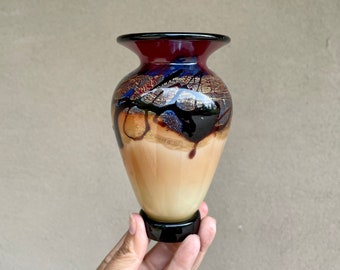 Signed Master Artist Micheal Nourot Art Studio Glass Vase 5-3/4" Tall, Scarlet Nova 24K Gold