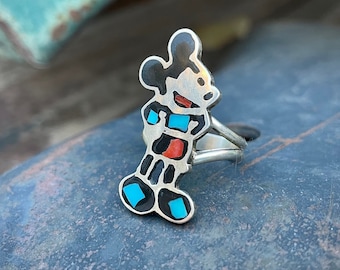 Vintage Cartoon Mouse Ring Size 6.25 Coral Turquoise Jet Inlay, Native American Zuni Tunes Toons Jewelry for Collector, Unisex Men Women