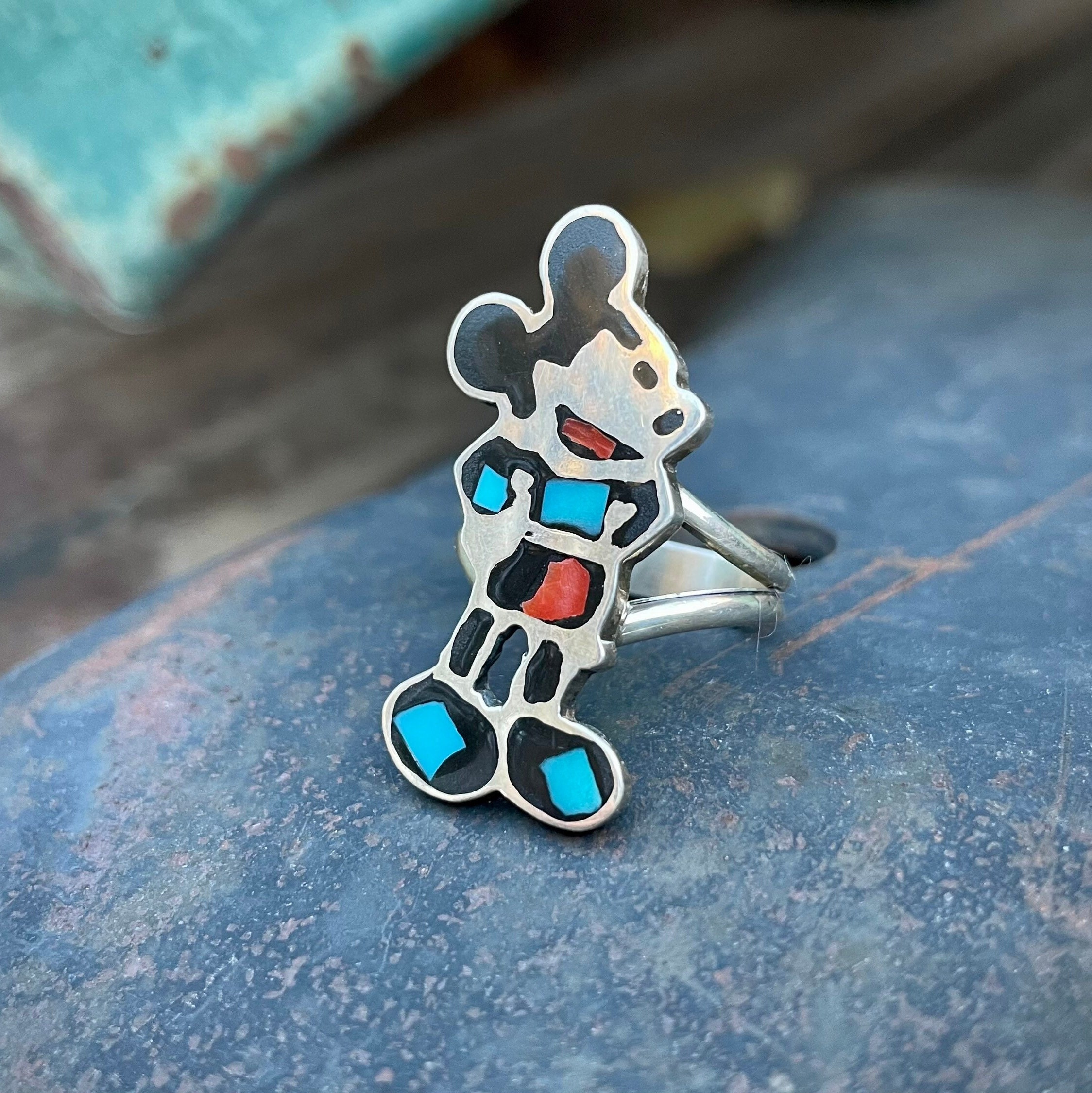 Detailed Native American Zuni Turquoise Mickey Mouse Sterling Silver Ring Detailed Native American Zuni Turquoise Mickey Mouse Sterling Silver Ring