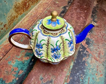 2000 Miniature Kelvin Chen Teapot Cloisonne Blue Yellow Design No 2333, Chinoiserie Decor Display