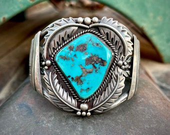 Vintage Navajo Coolidge Nez Morenci Turquoise Cuff Bracelet Approx Size 7 Large Heavy 104g