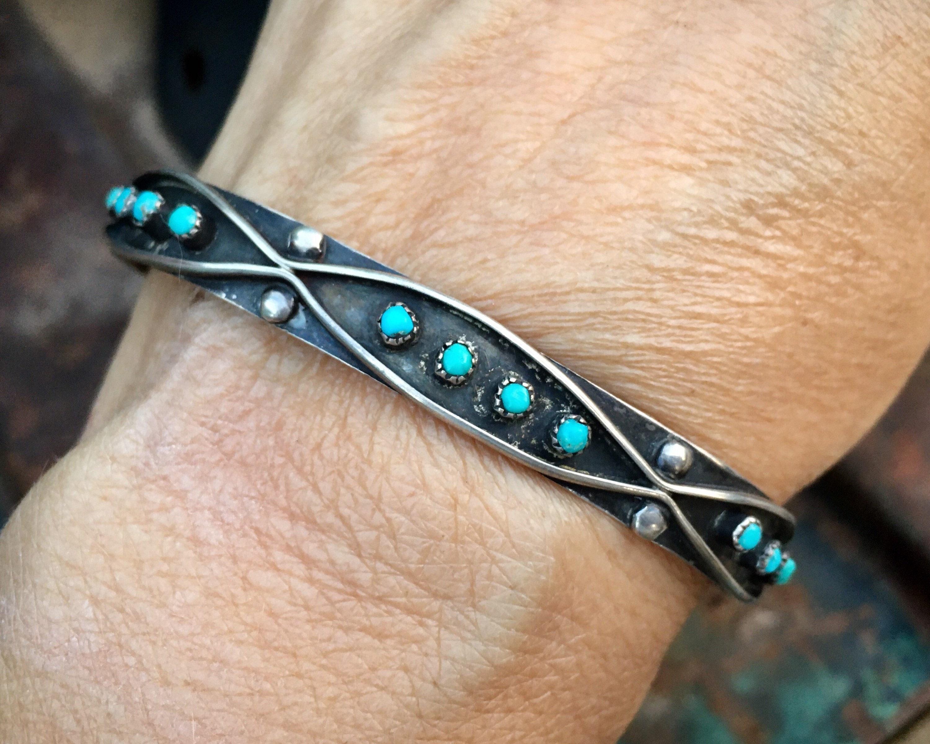 Zuni Snake Eye Turquoise Narrow Row Cuff Stacking Bracelet, Vintage