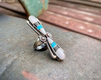 Vintage Zuni Inlay Turquoise Mother of Pearl Jet Long Ring Size 5, Native American Indian Jewelry for Young Woman, Rodeo Cowgirl Style Gift