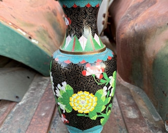 Antique Cloisonne Vase Black Floral Design (Tiny Paint Flecks), Romantic Wordly Decor
