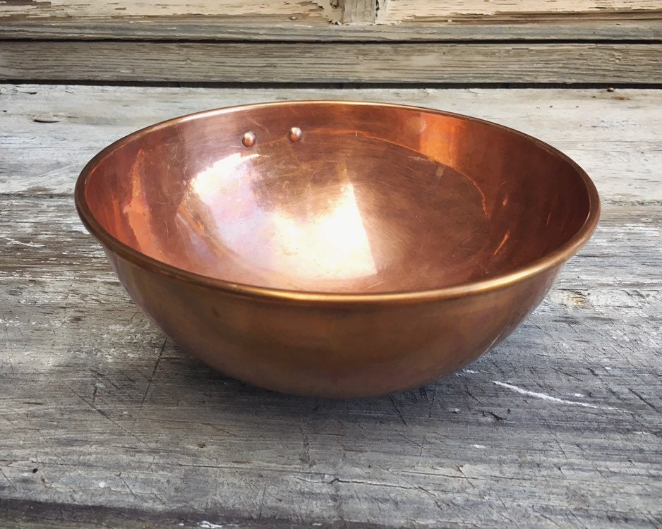 Vintage 10 Round Solid Copper Bowl with Brass Handle, French Style
