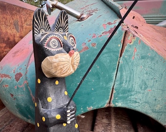 Vintage Carved Painted Wood Cat w/ Fishing Pole Shelf Sitter, Indonesia Folk Art