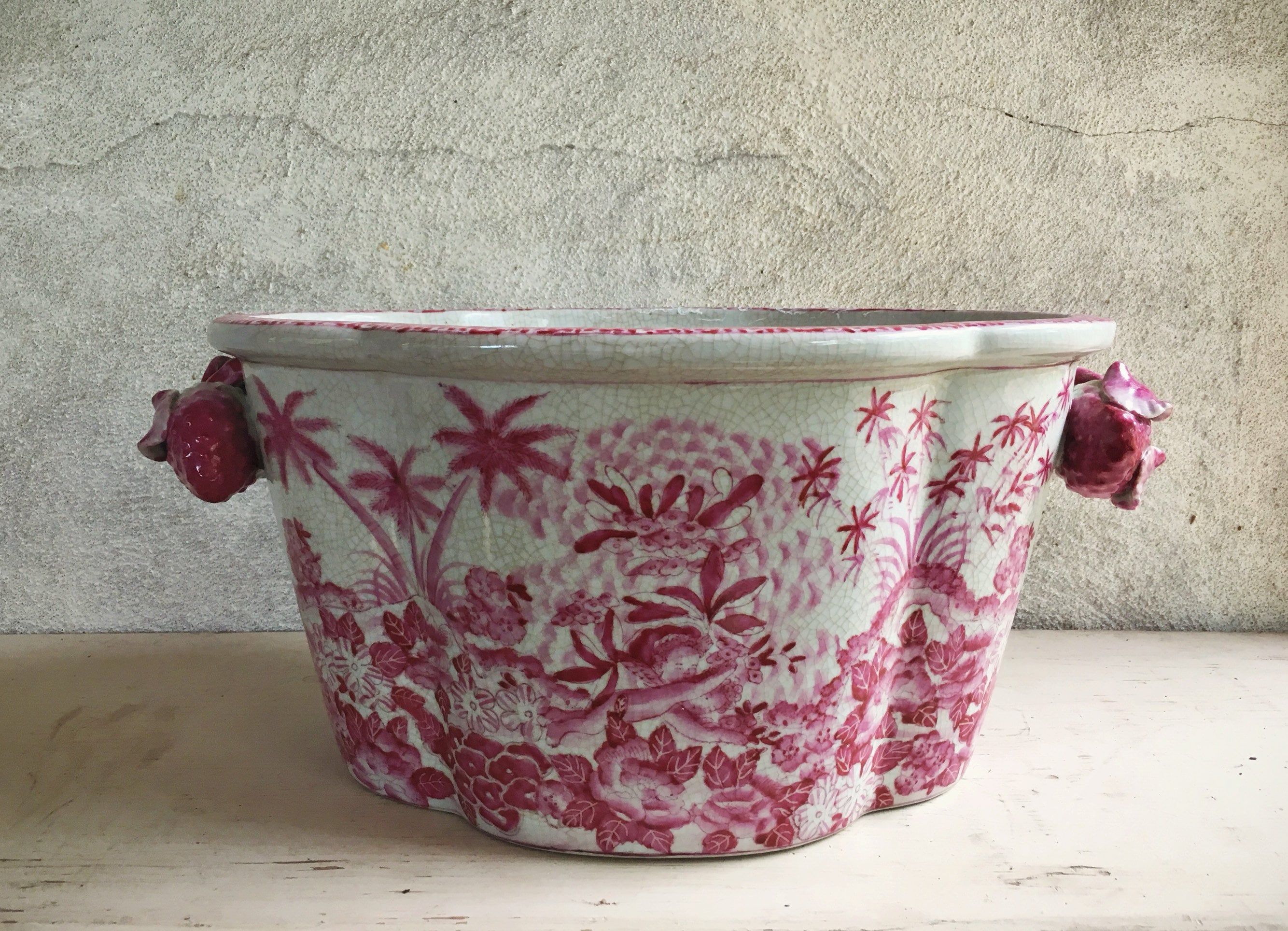 1970s Vintage Chinese Footbath Bowl Planter Pink and White 1970s Vintage Chinese Footbath Bowl Planter Pink and White