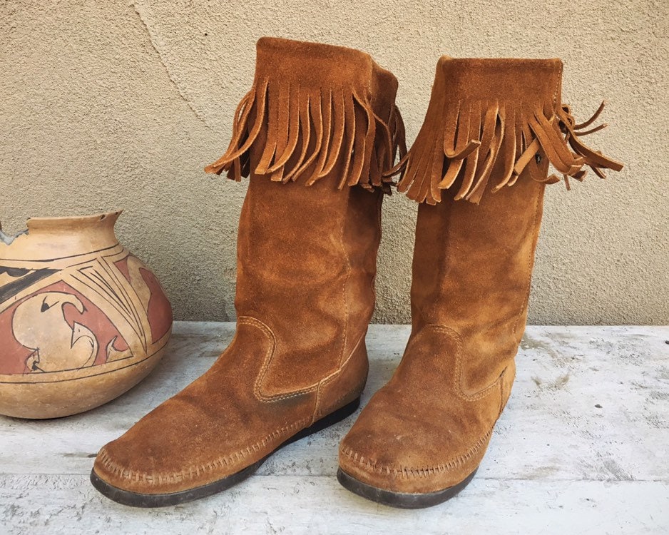 Vintage Tall Moccasin Boots Women's Size 9 (Run Small) Brown Suede