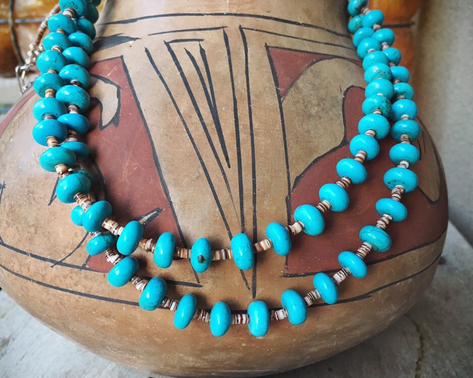 Two Strand Turquoise Bead and Heishi Necklace for Women, Native ...