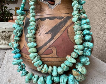 Vintage Two-Strand Natural Turquoise Nugget Necklace Twine Wrap Closure, Native American