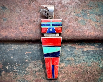 Vintage Inlay Kachina Pendant Red Coral Turquoise Multi-Stone, Native American