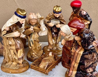 Large Vintage Mexican Paper Mache Nativity Scene, Distressed Circa 1980s, 7 Pieces