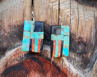 Turquoise Spiny Oyster Onyx Shell Slab Inlay Earrings, Santo Domingo Native American Jewelry