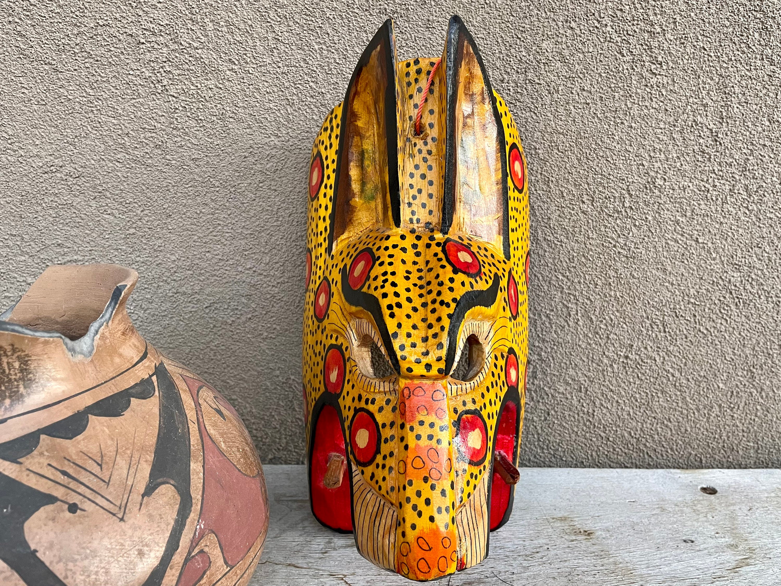 Carved Painted Vintage Mexican Wooden Mask of Jaguar Tigre, Mexico Folk