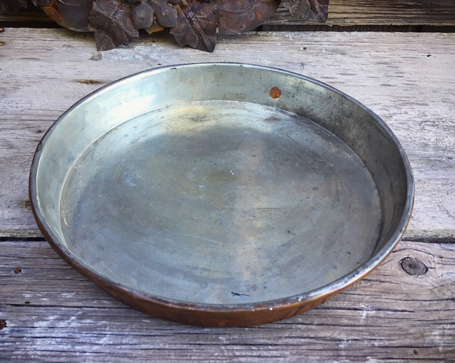 10 Vintage Copper Tin Lined Round Pan with Ring, French Cookware